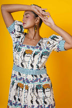 Women Block Printed Frida Kahlo Cotton Maxi Dress In Blue And Green