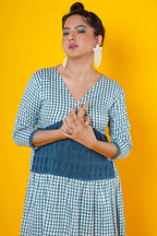 Women Block Printed Cotton Midi Dress In Blue With Pintucks Detailing
