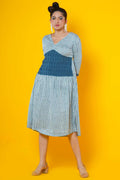 Women Block Printed Cotton Midi Dress In Blue With Pintucks Detailing