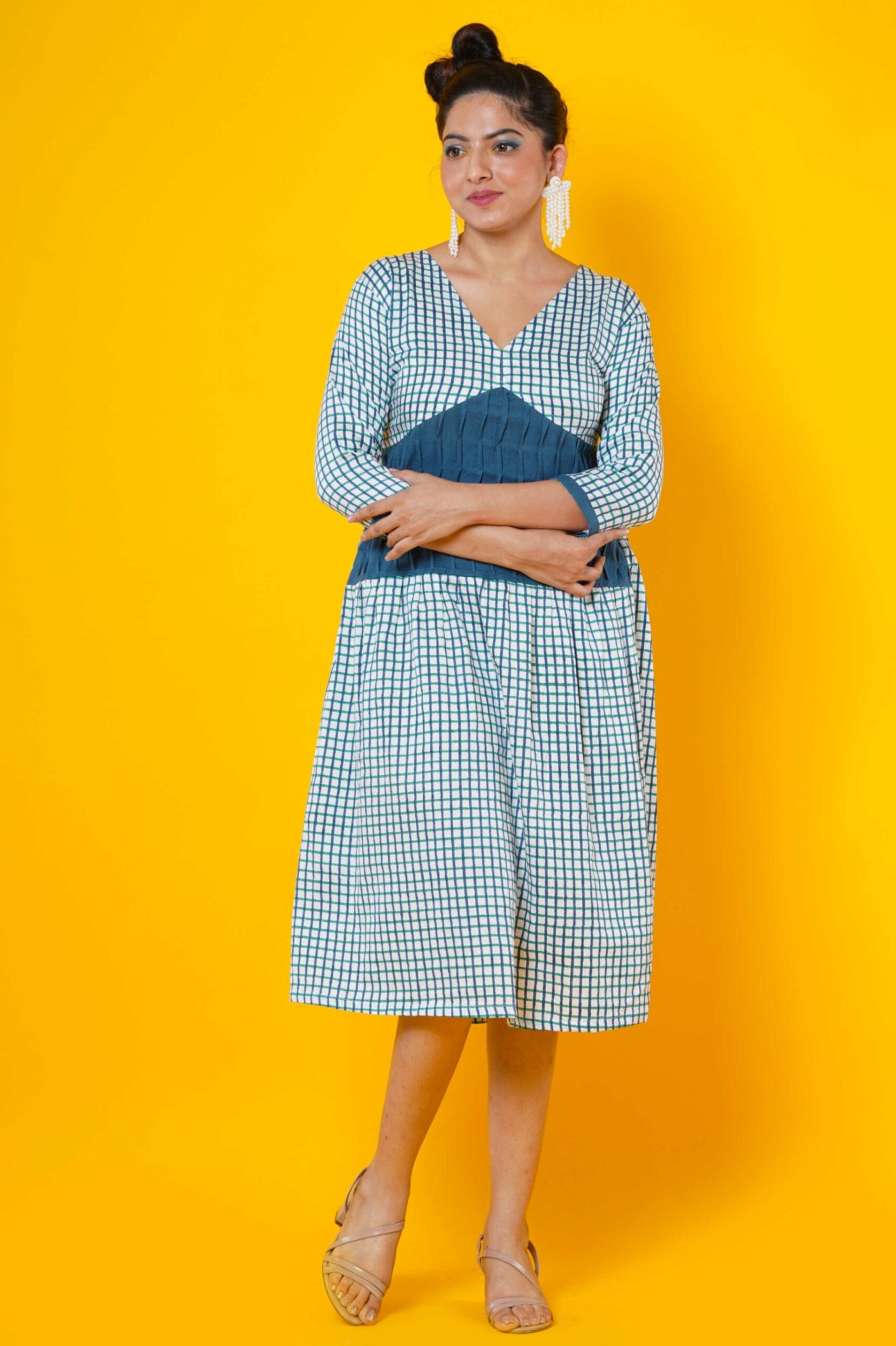 Women Block Printed Cotton Midi Dress In Blue With Pintucks Detailing