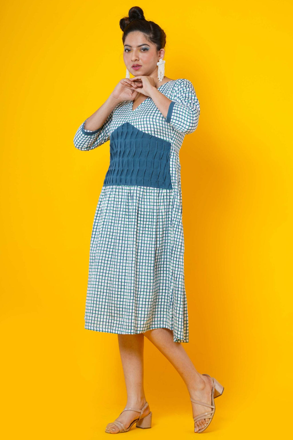 Women Block Printed Cotton Midi Dress In Blue With Pintucks Detailing