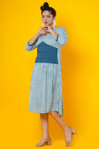 Women Block Printed Cotton Midi Dress In Blue With Pintucks Detailing