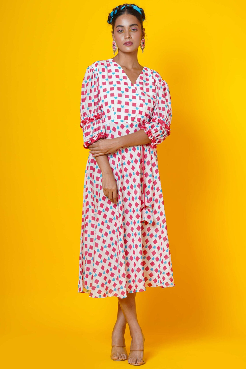 Women Block Printed  Cotton Midi Dress In Pink And Sky