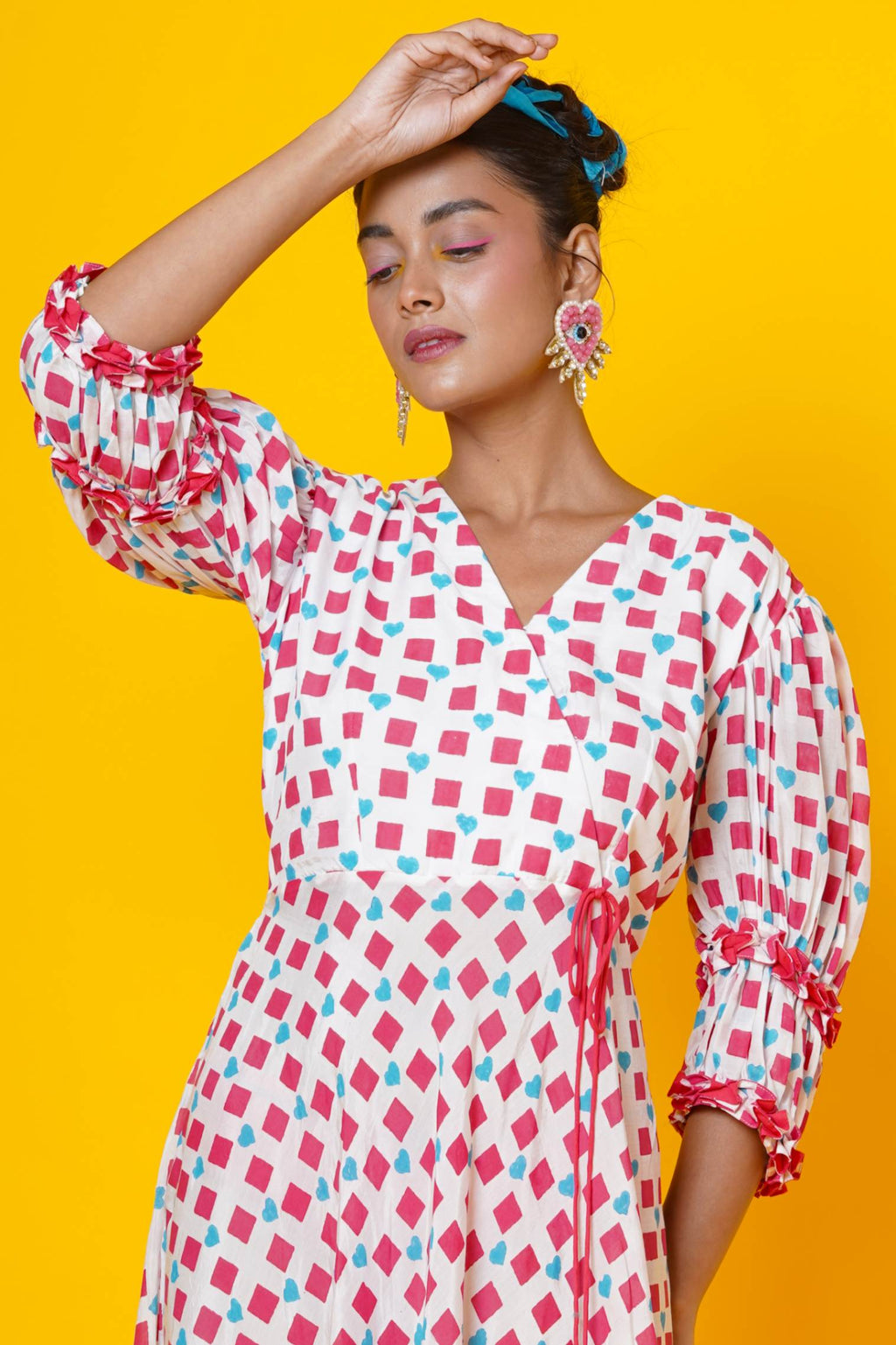 Women Block Printed  Cotton Midi Dress In Pink And Sky