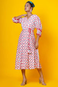 Women Block Printed  Cotton Midi Dress In Pink And Sky