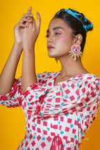 Women Block Printed  Cotton Midi Dress In Pink And Sky