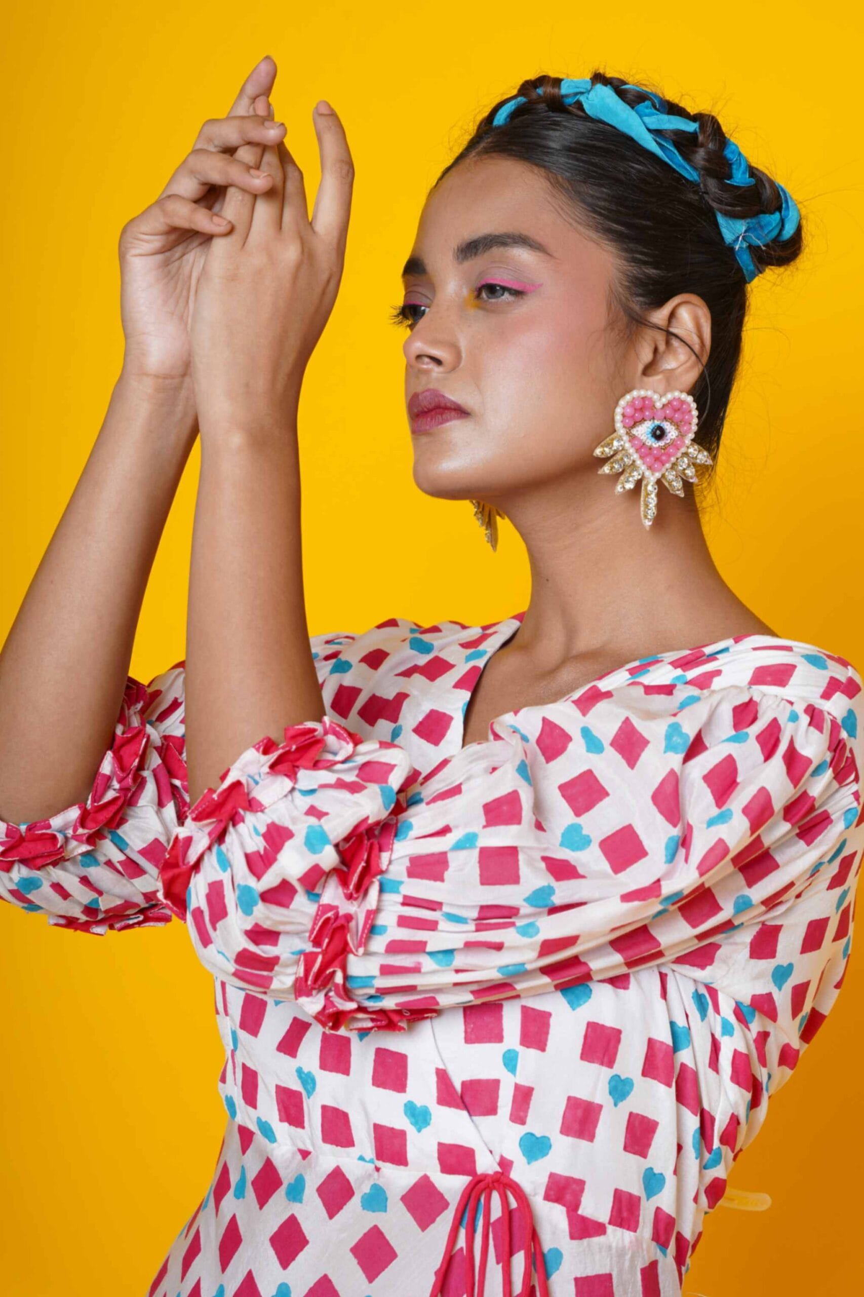 Women Block Printed  Cotton Midi Dress In Pink And Sky