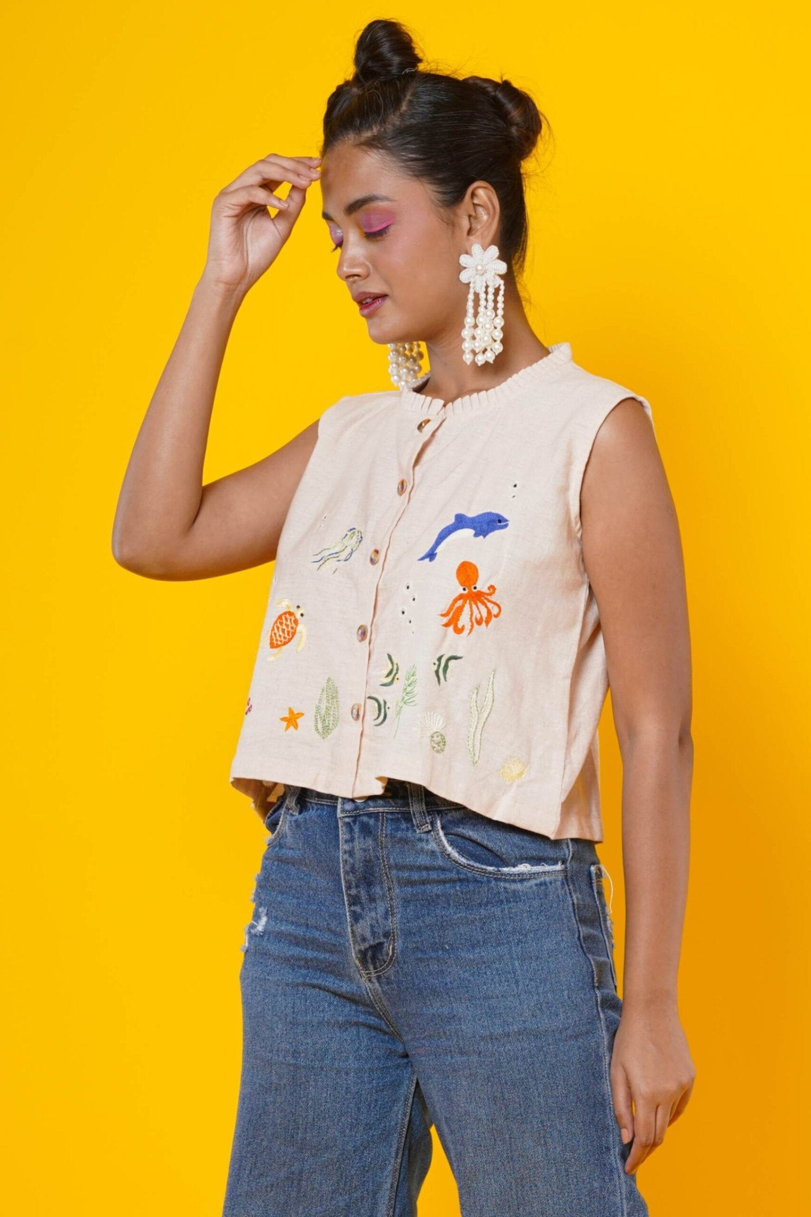 Women Hand Embroidery Ocean Crop Top