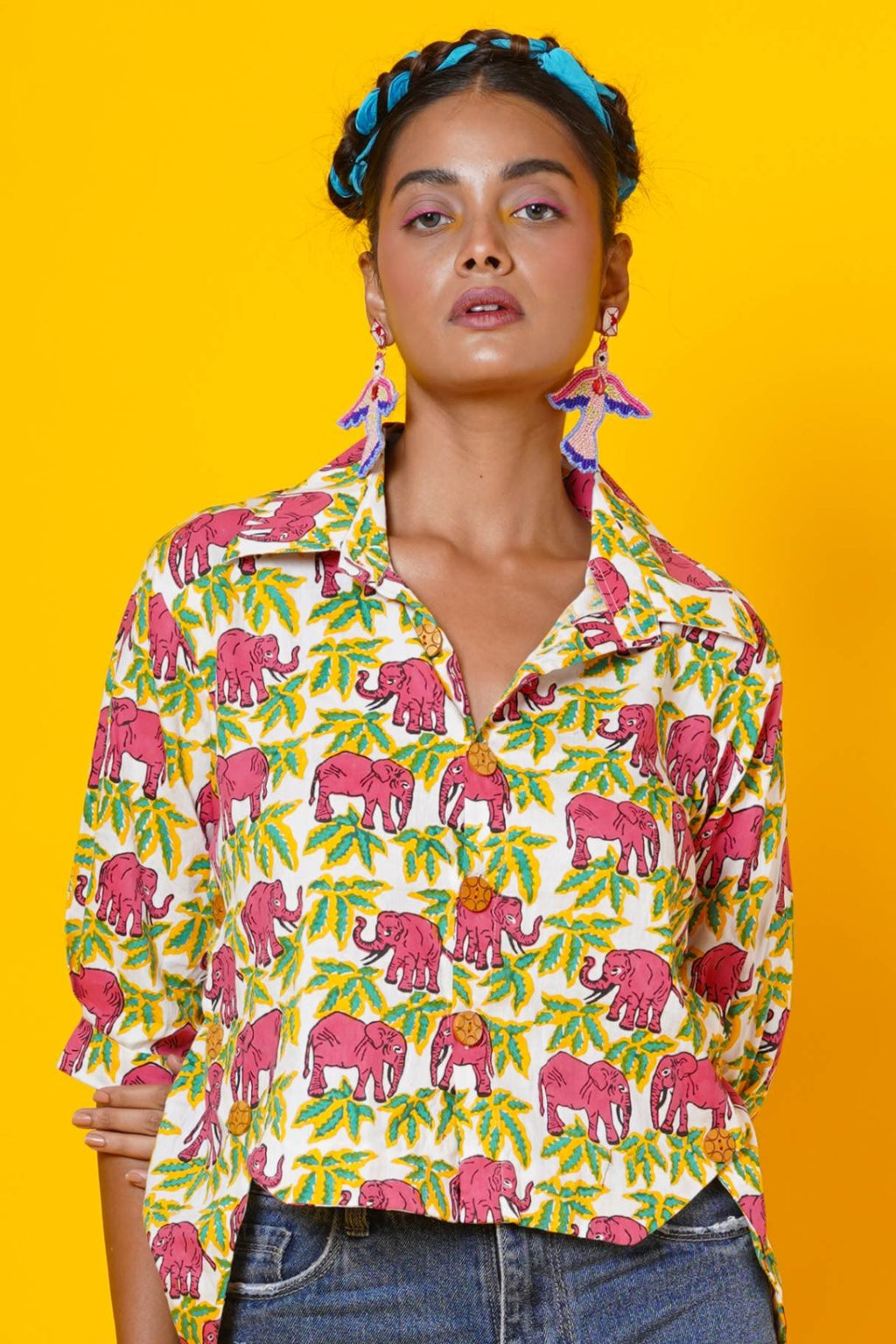 Women Pink Elephant Print Cotton Shirt