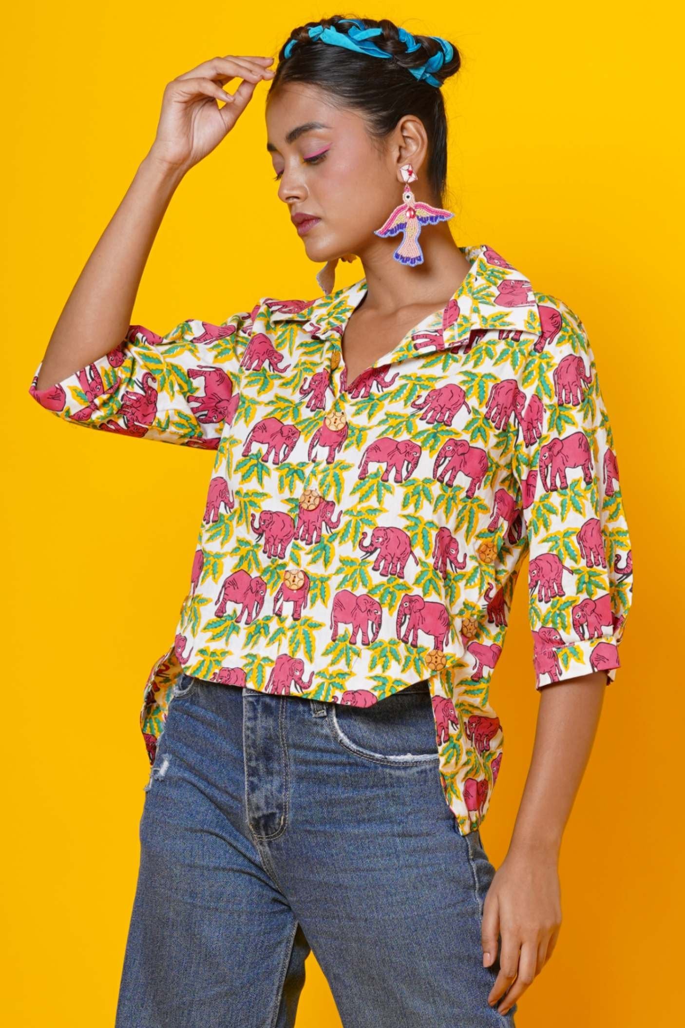 Women Pink Elephant Print Cotton Shirt