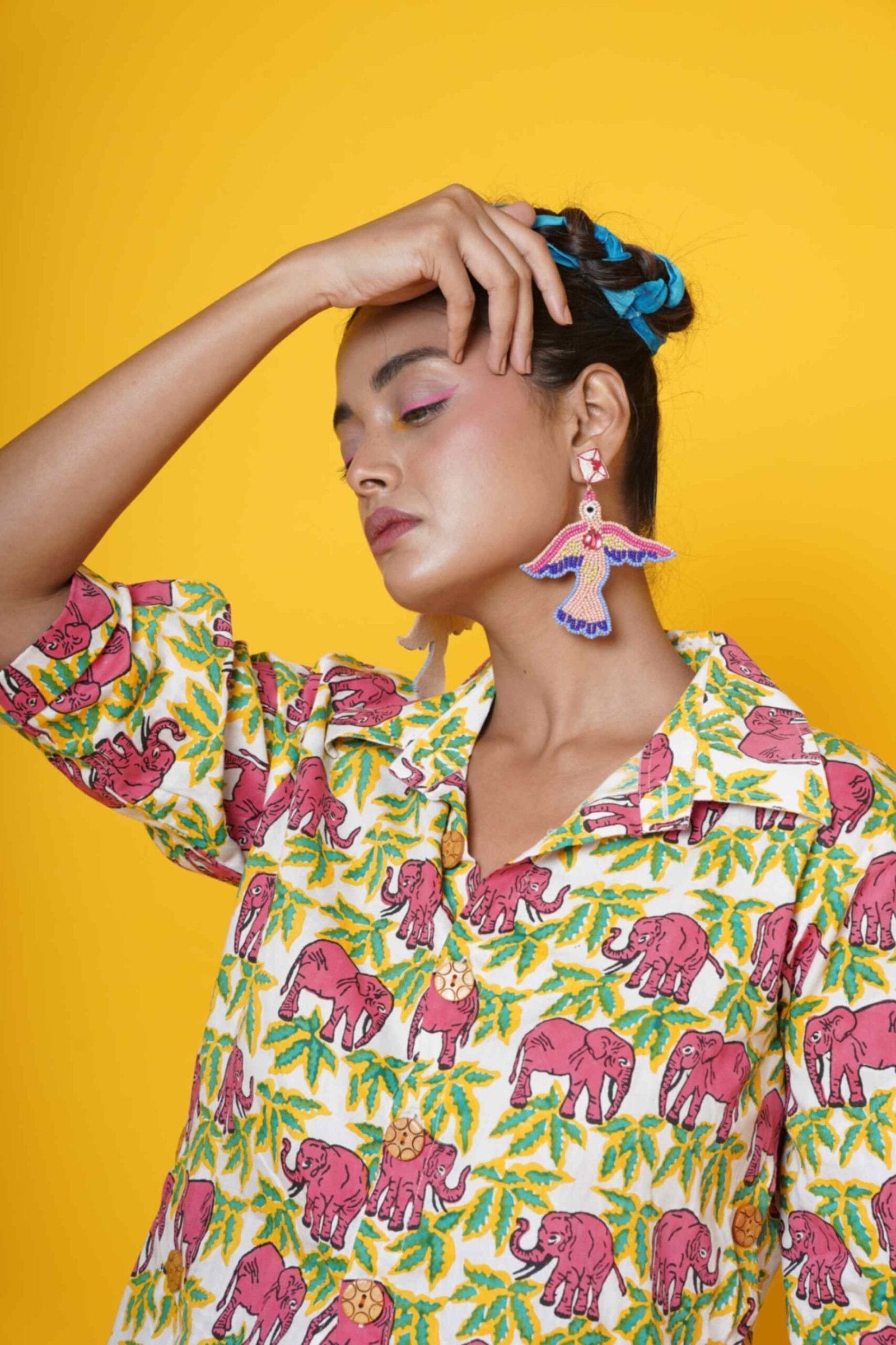 Women Pink Elephant Print Cotton Shirt