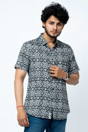 BLACK IKAT PRINT REGULAR FIT  COTTON SHIRT
