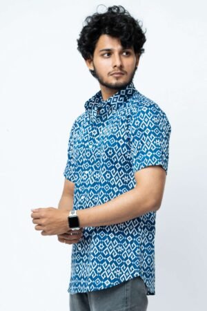 BLUE IKAT PRINT REGULAR PRINT COTTON SHIRT - Image 3