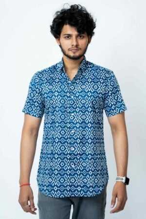 BLUE IKAT PRINT REGULAR PRINT COTTON SHIRT - Image 4