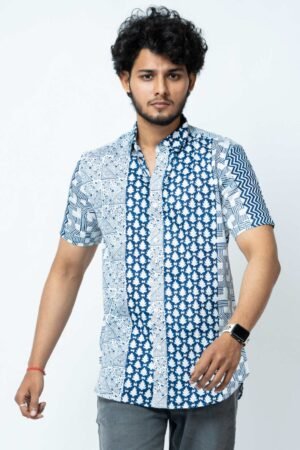 BLUE  MOTIF  BLOCK  PRINT  CASUAL   SHIRT