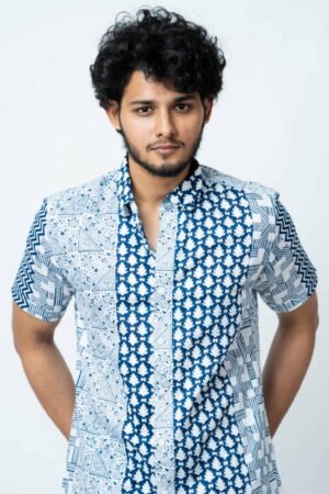 BLUE  MOTIF  BLOCK  PRINT  CASUAL   SHIRT - Image 7