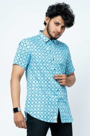 Blue Mughal Print Mens Half Shirt - Image 2