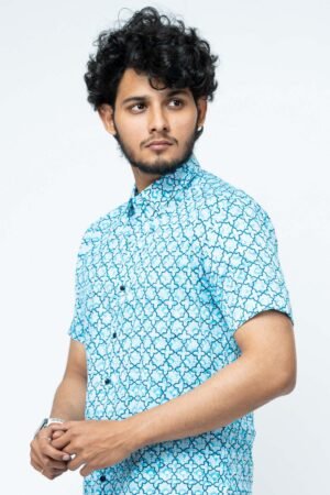 Blue Mughal Print Mens Half Shirt - Image 3