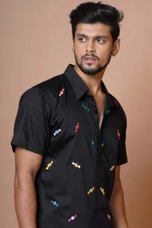 CANDY HAND EMBROIDERED MENS BLACK  HALF SLEEVE SHIRT