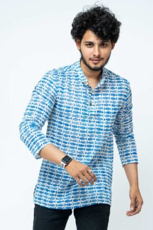 INDIGO FISH BLOCK PRINT FULL SLEEVE KURTA
