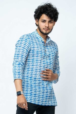 INDIGO FISH BLOCK PRINT FULL SLEEVE KURTA - Image 6