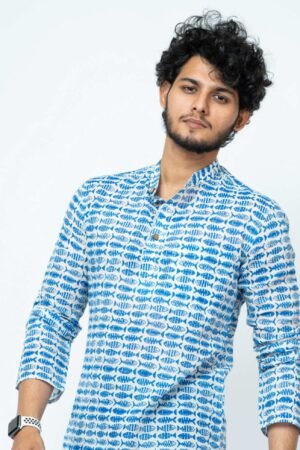 INDIGO FISH BLOCK PRINT FULL SLEEVE KURTA - Image 5