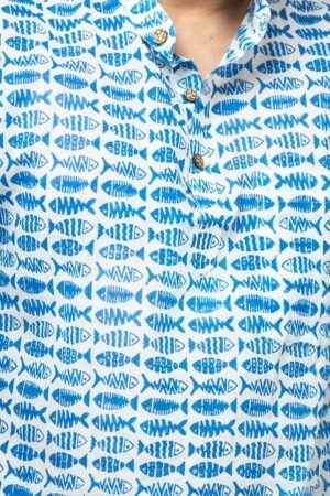INDIGO FISH BLOCK PRINT FULL SLEEVE KURTA - Image 4