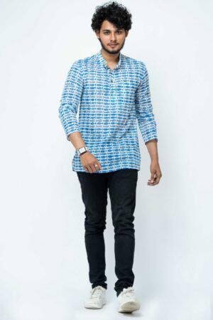 INDIGO FISH BLOCK PRINT FULL SLEEVE KURTA - Image 3