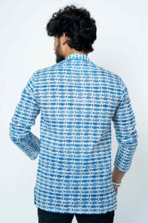 INDIGO FISH BLOCK PRINT FULL SLEEVE KURTA - Image 2