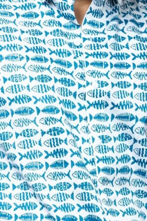 Indigo Fish Block Print Half Sleeve Shirt - Image 3