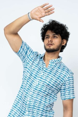 Indigo Fish Block Print Half Sleeve Shirt - Image 4