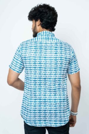 Indigo Fish Block Print Half Sleeve Shirt - Image 5