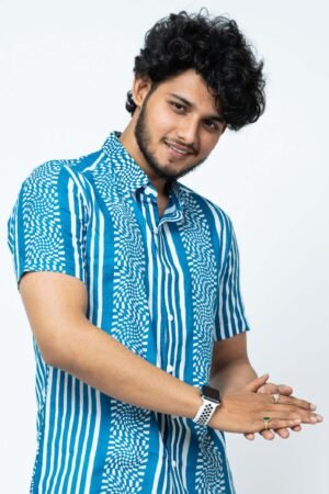 INDIGO MOSAIC PRINT  MENS HALF SHIRT - Image 4