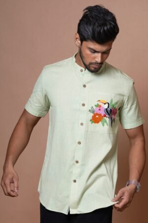 LIGHT PISTA GREEN TOUCAN HAND EMBROIDERED  MENS HALF SLEEVE SHIRT - Image 3