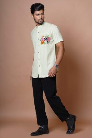 LIGHT PISTA GREEN TOUCAN HAND EMBROIDERED  MENS HALF SLEEVE SHIRT - Image 4