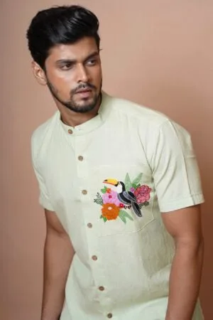 LIGHT PISTA GREEN TOUCAN HAND EMBROIDERED MENS HALF SLEEVE SHIRT