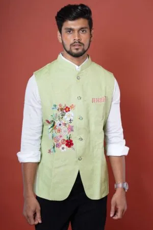 Light Pista Green Embroidered Birds Nehru Coat