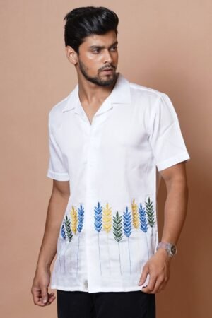 MENS HALF SLEEVE WHITE HAND EMBROIDERED SHIRT - Image 3
