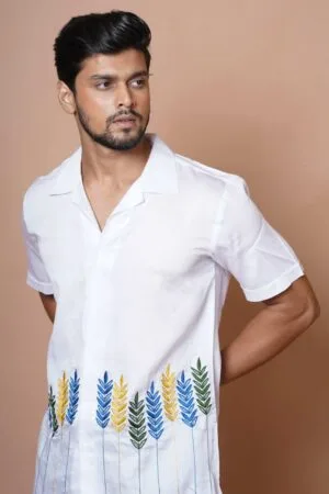 MENS HALF SLEEVE WHITE HAND EMBROIDERED SHIRT