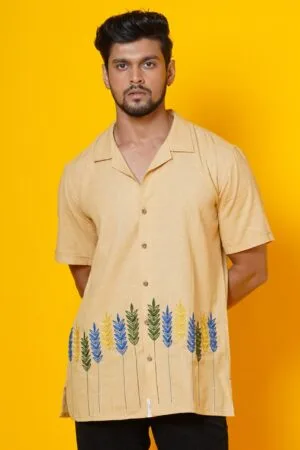 MENS HALF SLEEVES BEIGE EMBROIDERED SHIRT