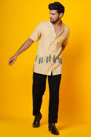 MENS HALF SLEEVES BEIGE EMBROIDERED SHIRT - Image 2