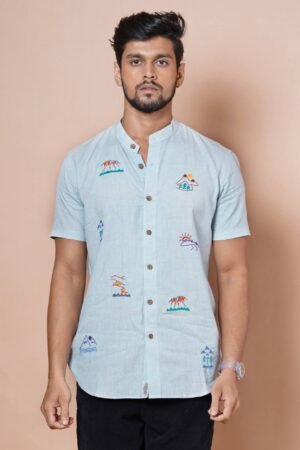 MENS POWDER BLUE HALF SLEEVES SHIRT WITH  HAND EMBROIDERY - Image 6