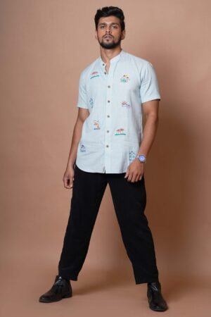 MENS POWDER BLUE HALF SLEEVES SHIRT WITH  HAND EMBROIDERY - Image 2