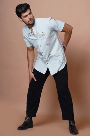MENS POWDER BLUE HALF SLEEVES SHIRT WITH  HAND EMBROIDERY - Image 3
