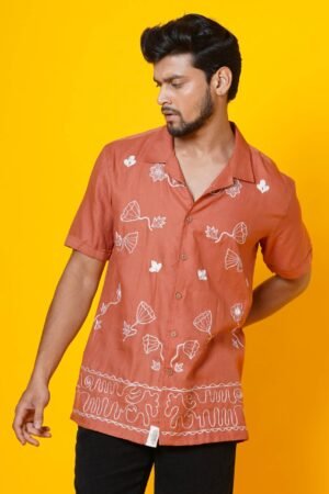 MENS RUST COLOUR AARI EMBROIDERED SHIRT - Image 5