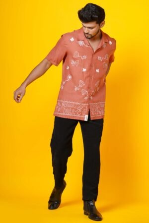 MENS RUST COLOUR AARI EMBROIDERED SHIRT - Image 6