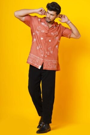 MENS RUST COLOUR AARI EMBROIDERED SHIRT - Image 2