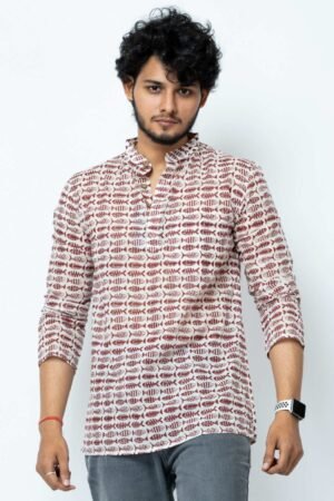 MAROON FISH BLOCK PRINT MENS SHORT KURTA