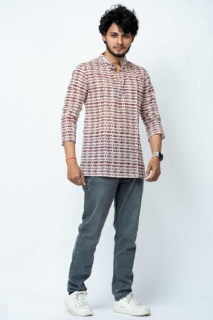 MAROON FISH BLOCK PRINT MENS SHORT KURTA - Image 3