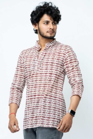 MAROON FISH BLOCK PRINT MENS SHORT KURTA - Image 4